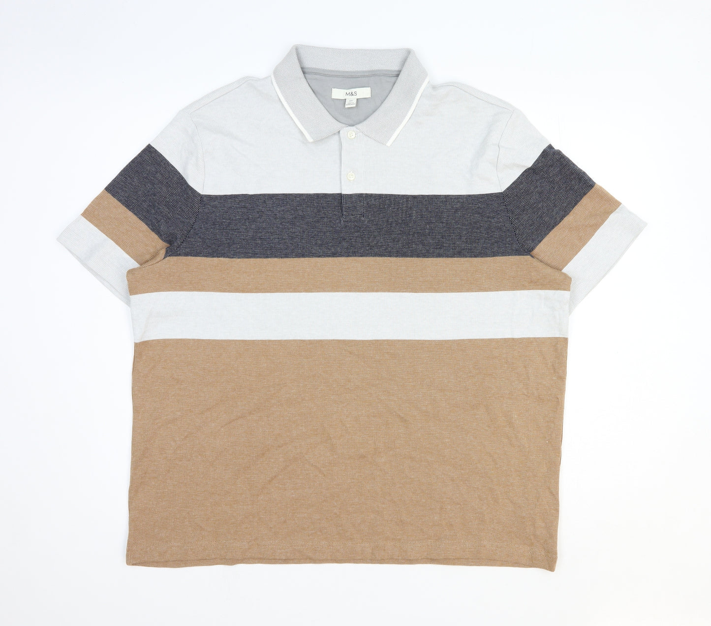 Marks and Spencer Mens Brown Colourblock 100% Cotton Polo Size 2XL Collared Button