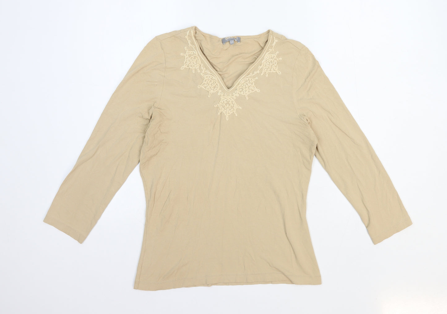 Preworn Womens Beige Polyester Basic T-Shirt Size 12 V-Neck