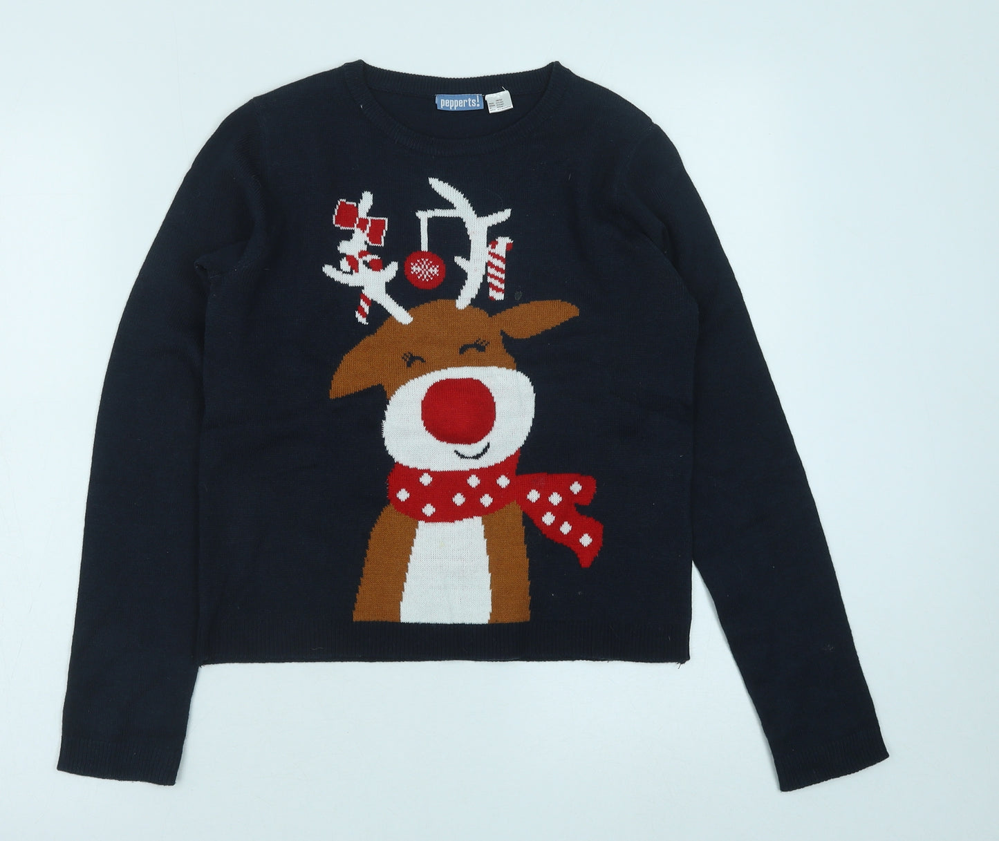 Pepperts! Girls Blue Round Neck Acrylic Pullover Jumper Size 10-11 Years Pullover - Christmas Rudolph