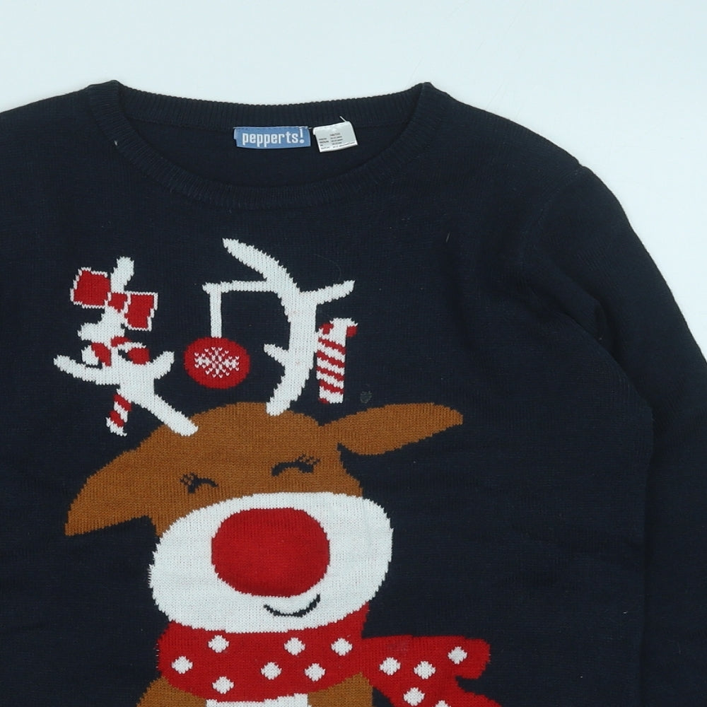 Pepperts! Girls Blue Round Neck Acrylic Pullover Jumper Size 10-11 Years Pullover - Christmas Rudolph