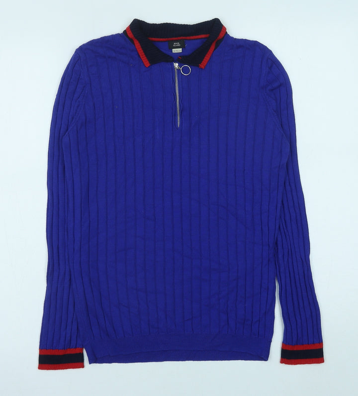 River Island Girls Blue Viscose Pullover Casual Size 11-12 Years V-Neck Zip
