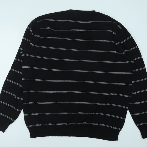 Avenue Mens Black V-Neck Striped Cotton Pullover Jumper Size XL