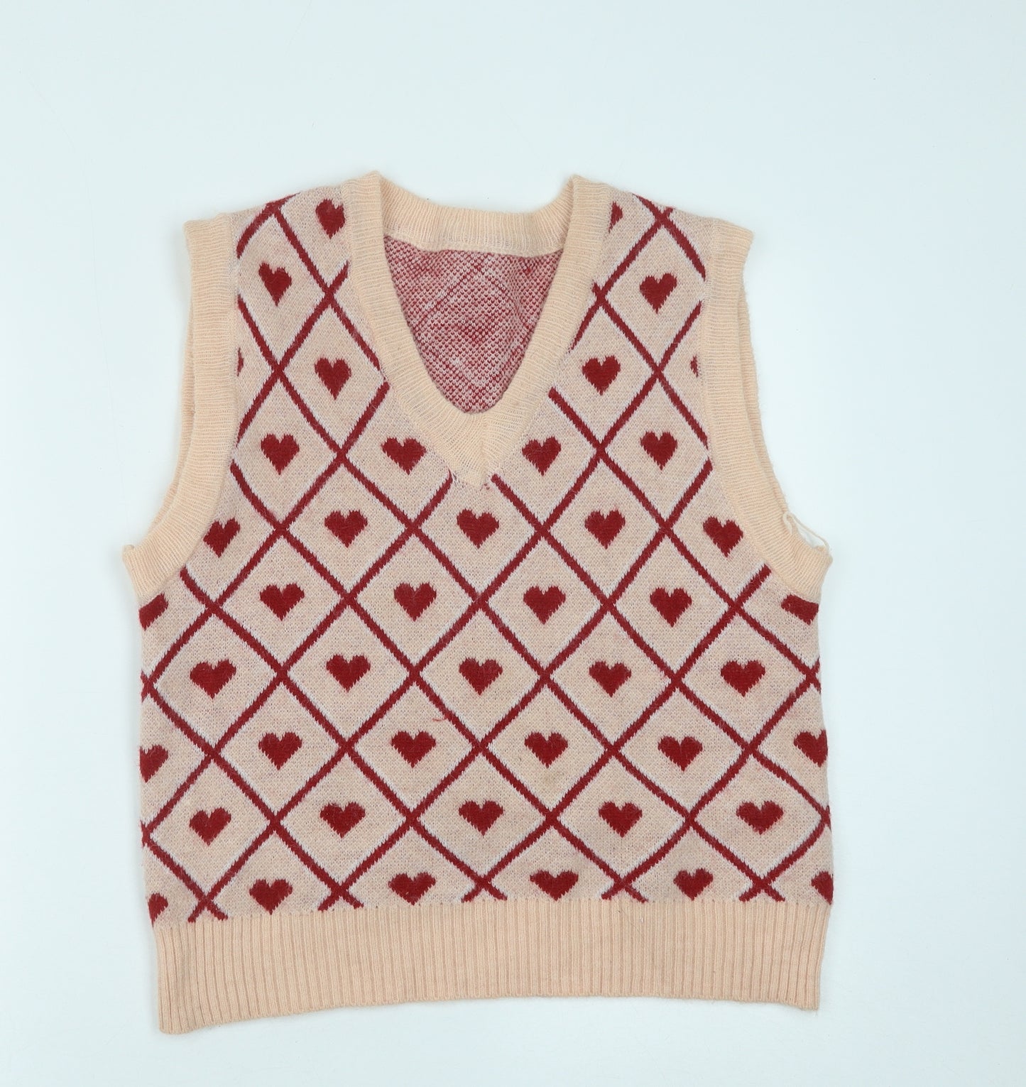 Preworn Womens Pink V-Neck Geometric Polyester Vest Jumper One Size - Heart Pattern