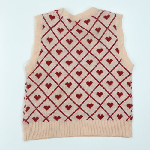 Preworn Womens Pink V-Neck Geometric Polyester Vest Jumper One Size - Heart Pattern