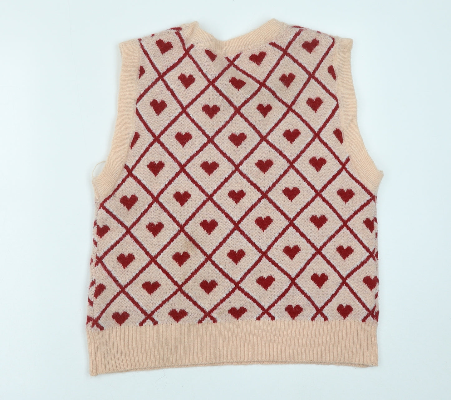 Preworn Womens Pink V-Neck Geometric Polyester Vest Jumper One Size - Heart Pattern