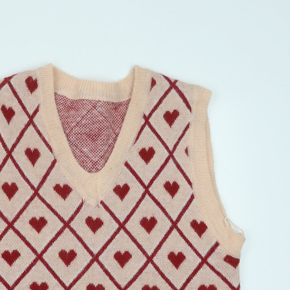 Preworn Womens Pink V-Neck Geometric Polyester Vest Jumper One Size - Heart Pattern