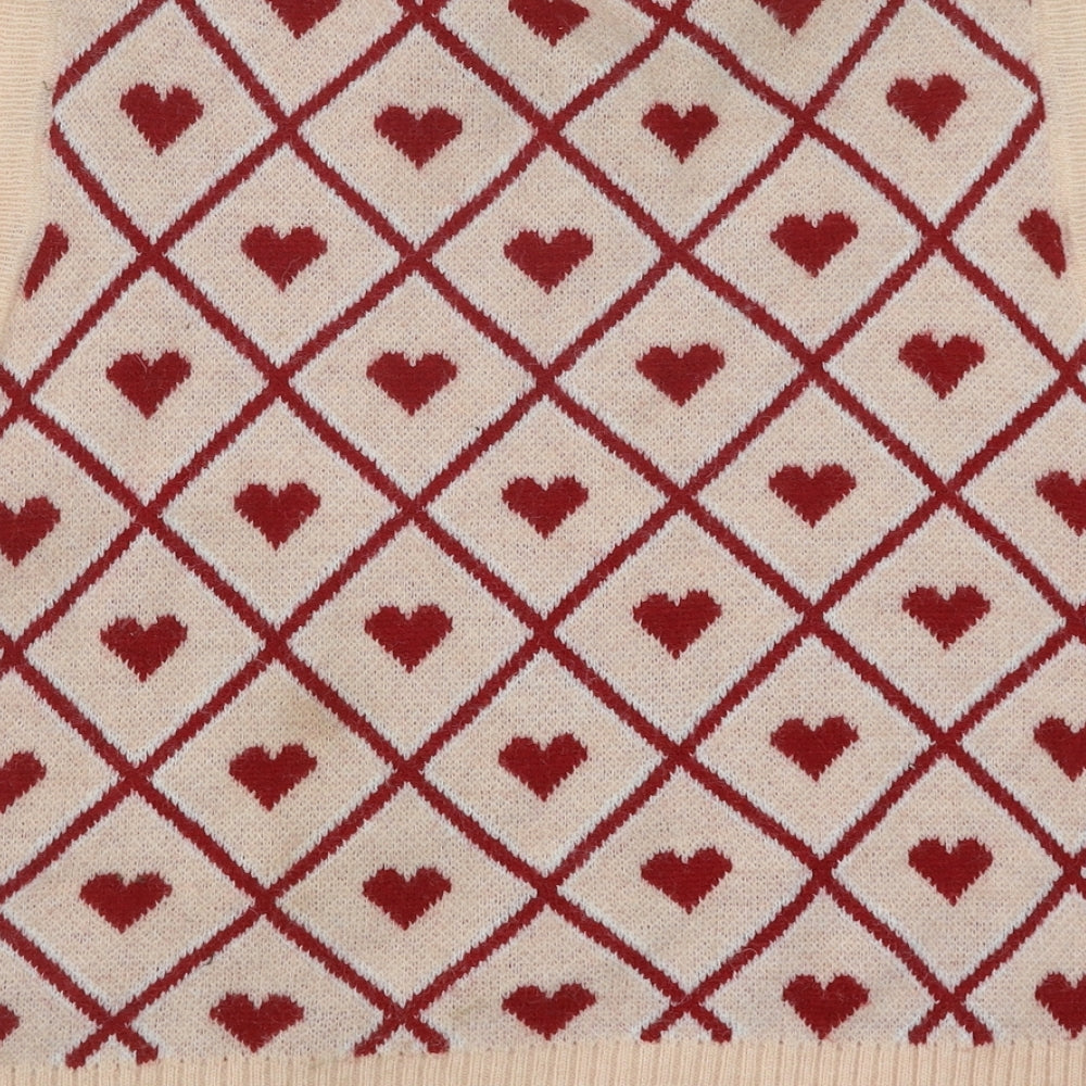 Preworn Womens Pink V-Neck Geometric Polyester Vest Jumper One Size - Heart Pattern