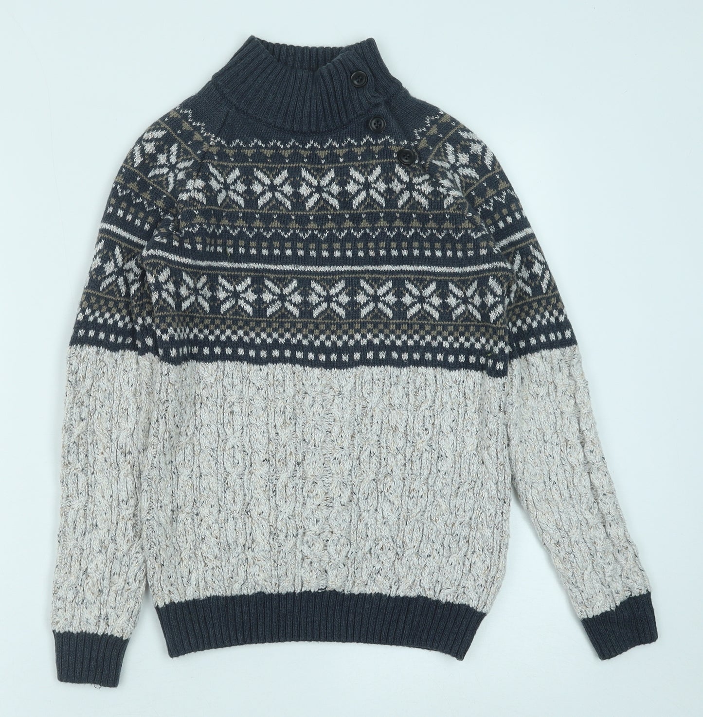 NEXT Boys Blue High Neck Geometric Acrylic Pullover Jumper Size 12 Years Button