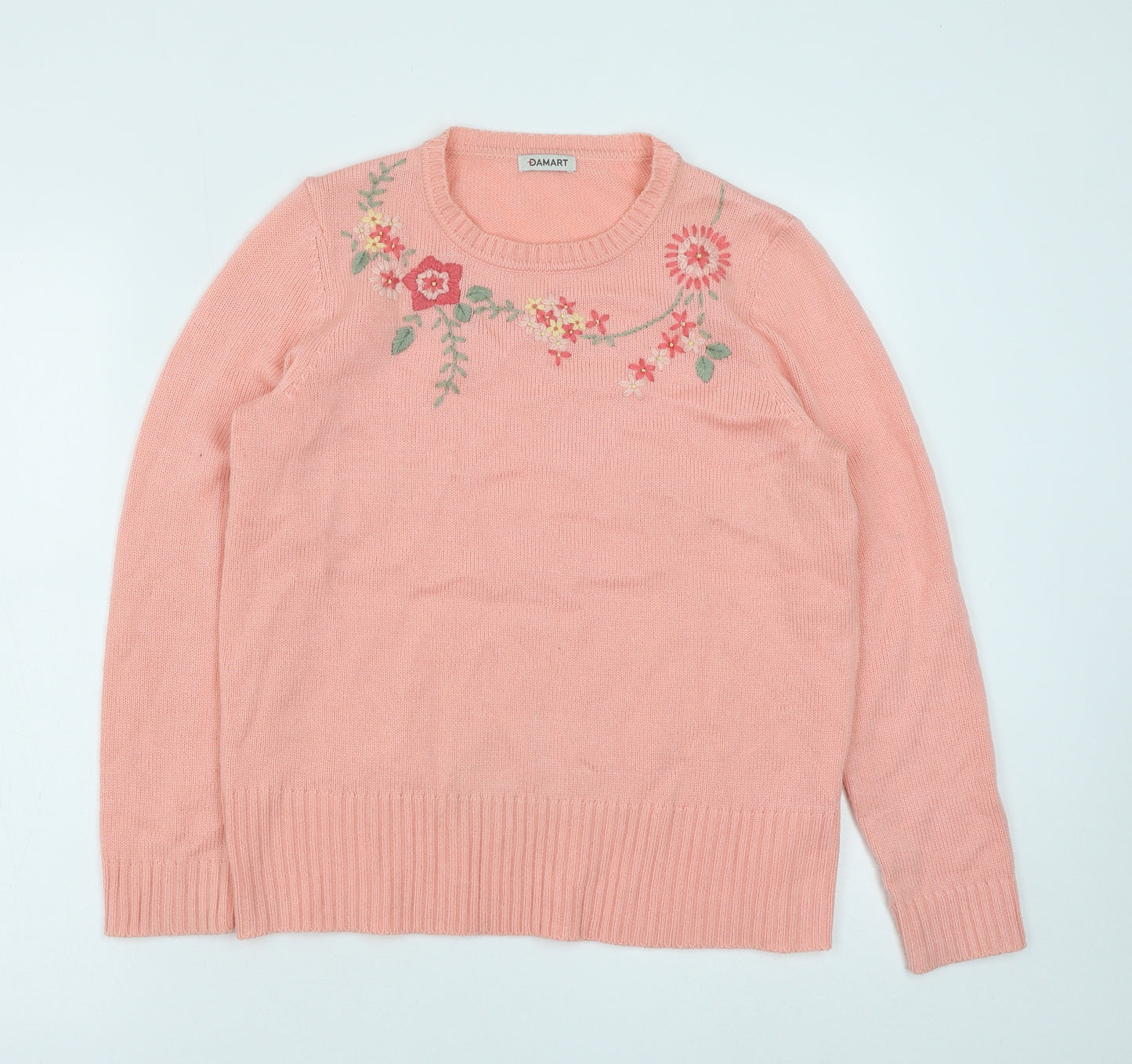 Damart Womens Pink Round Neck Floral Polyacrylate Fibre Pullover Jumper Size 10