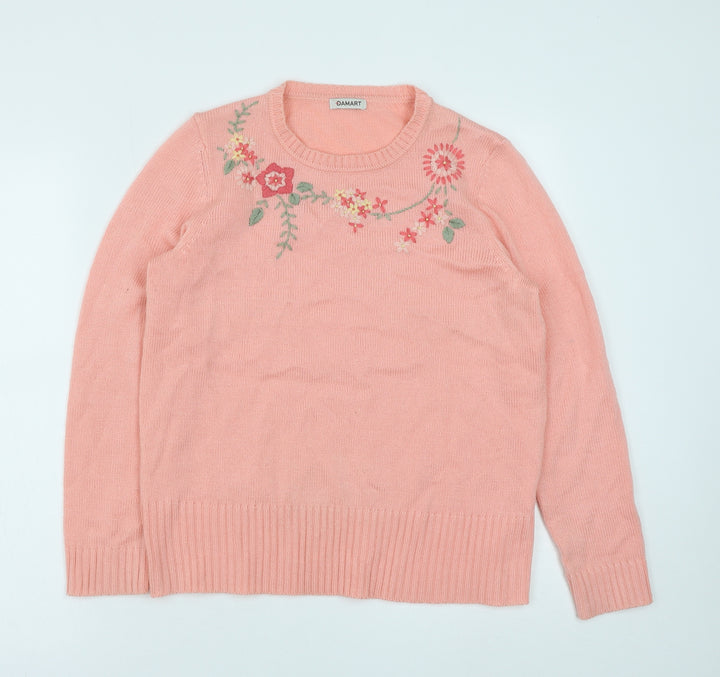 Damart Womens Pink Round Neck Floral Polyacrylate Fibre Pullover Jumper Size 10