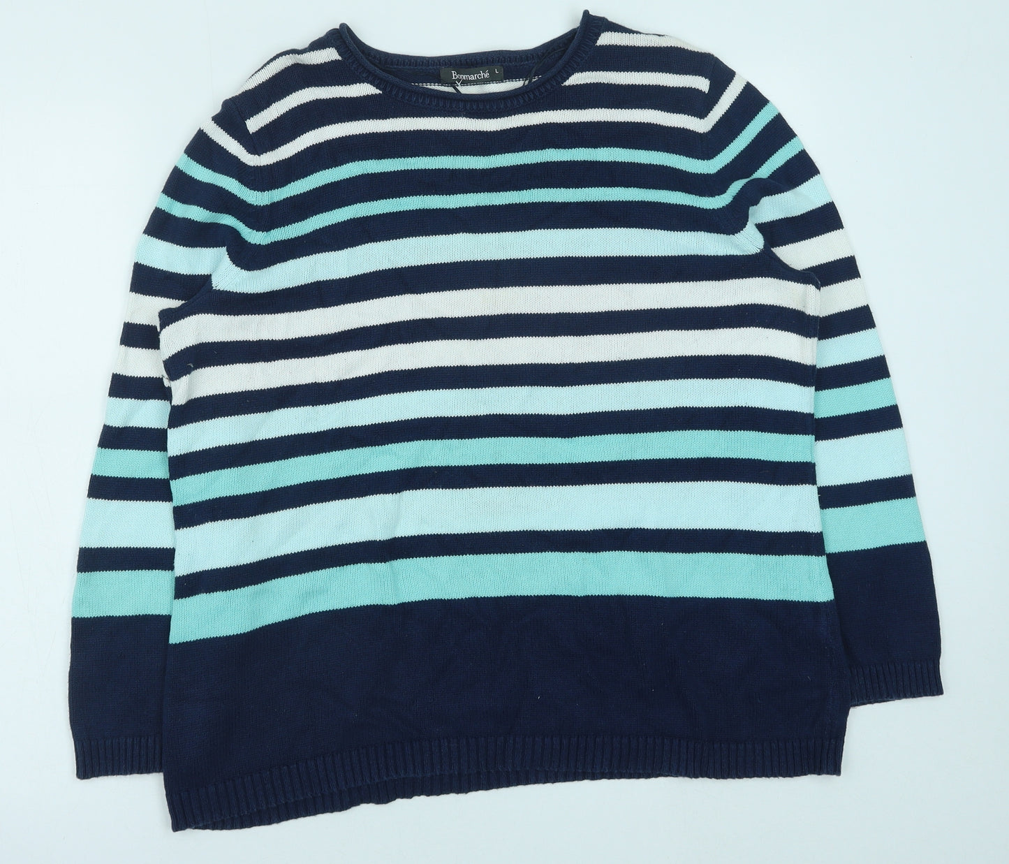 Bonmarché Womens Blue Round Neck Striped Cotton Pullover Jumper Size L