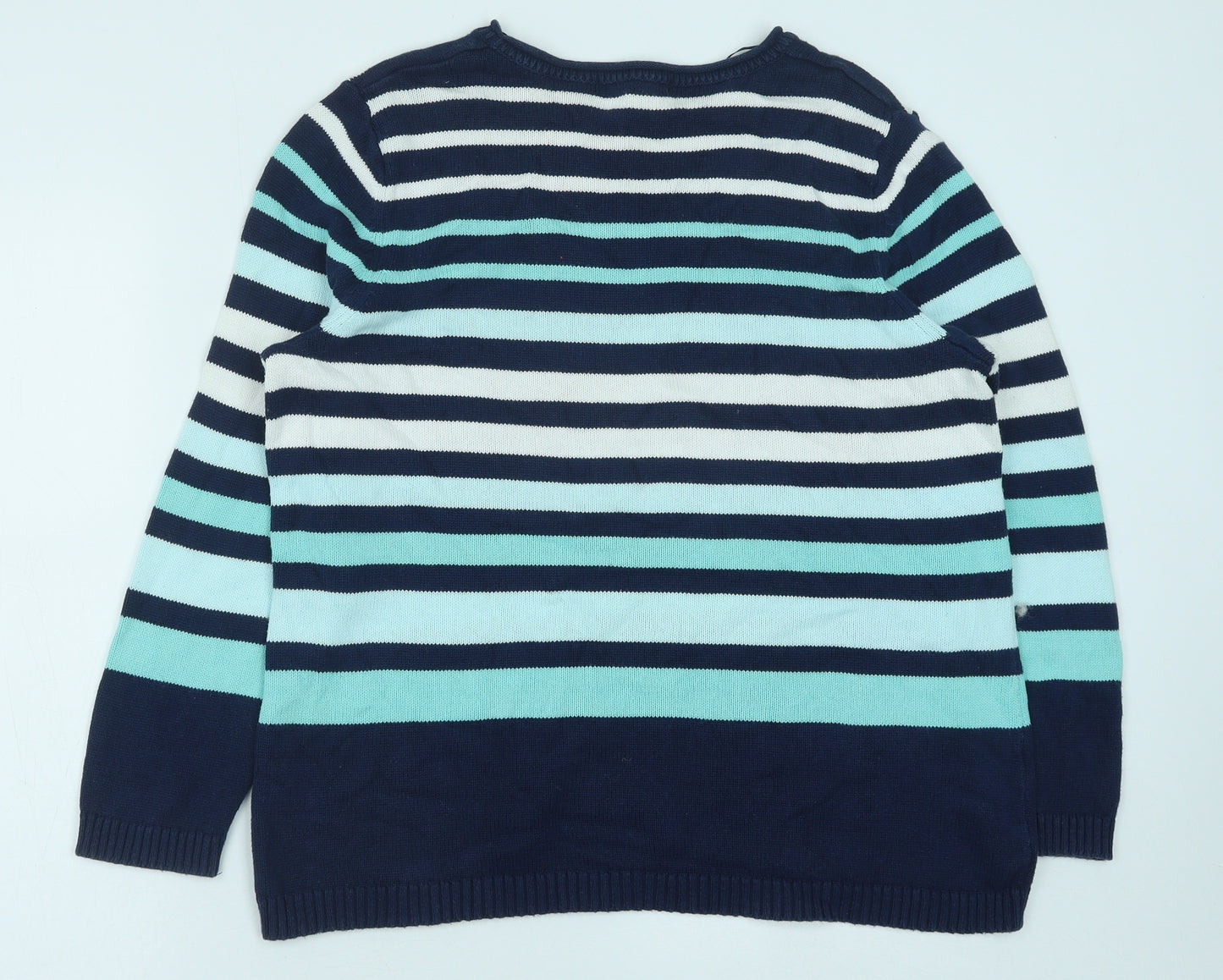 Bonmarché Womens Blue Round Neck Striped Cotton Pullover Jumper Size L