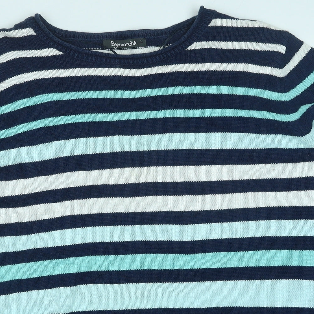 Bonmarché Womens Blue Round Neck Striped Cotton Pullover Jumper Size L