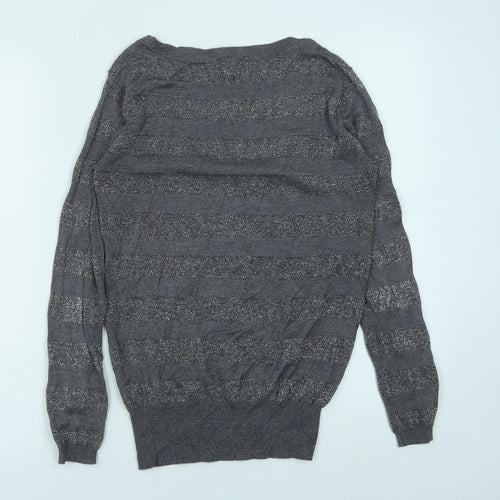 Fluid Womens Grey Scoop Neck Striped Viscose Pullover Jumper Size S
