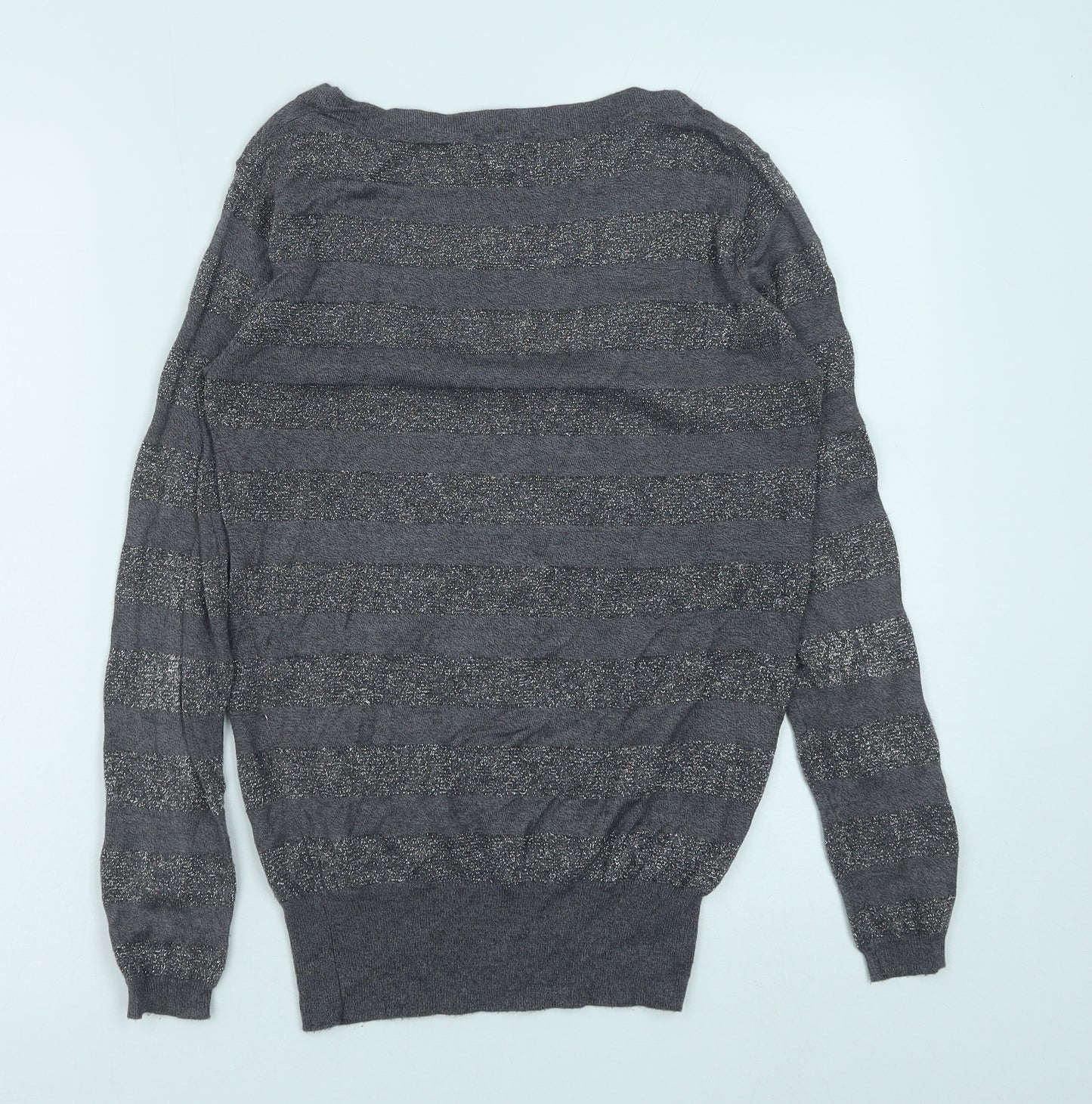 Fluid Womens Grey Scoop Neck Striped Viscose Pullover Jumper Size S