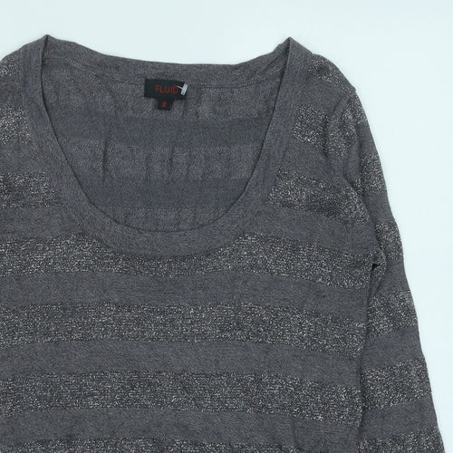 Fluid Womens Grey Scoop Neck Striped Viscose Pullover Jumper Size S
