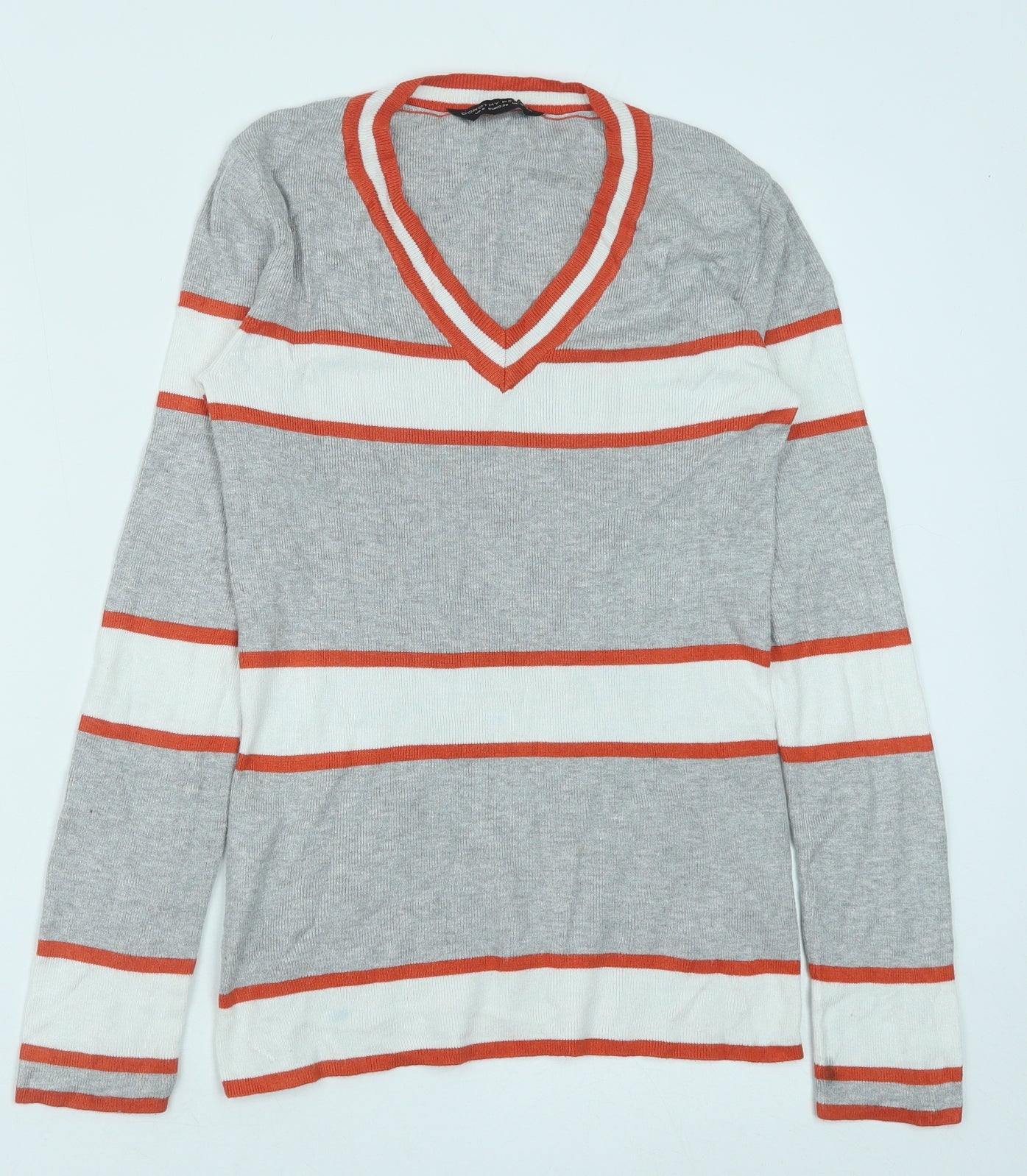 Dorothy Perkins Womens Grey V-Neck Striped Viscose Pullover Jumper Size 10