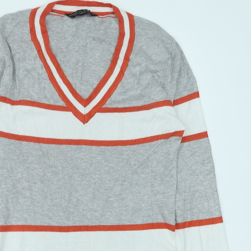Dorothy Perkins Womens Grey V-Neck Striped Viscose Pullover Jumper Size 10