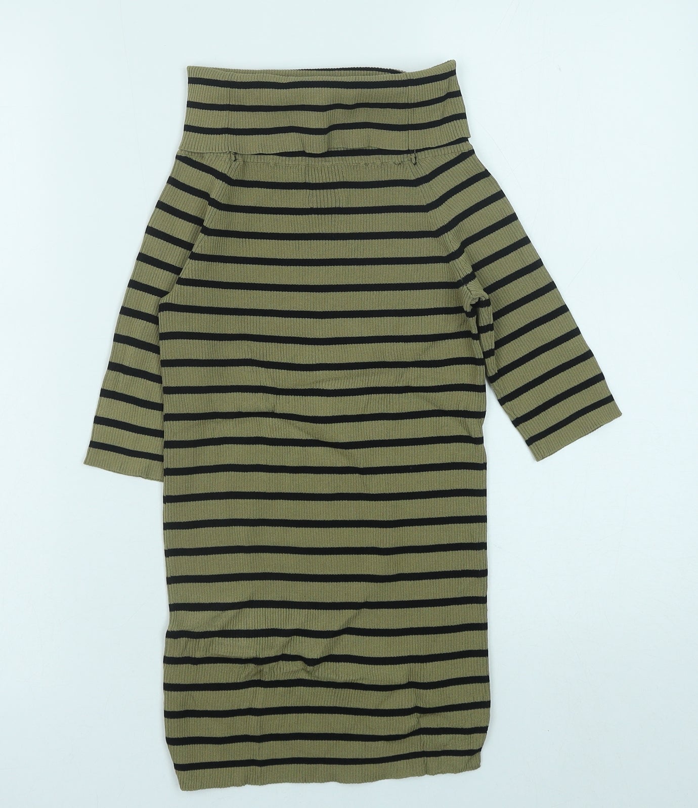 Massimo Dutti Womens Green Striped Polyester Basic T-Shirt Size M Roll Neck - Ribbed