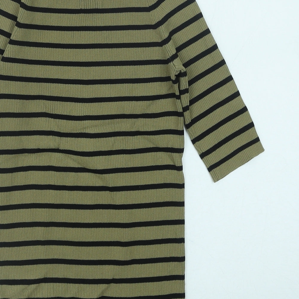 Massimo Dutti Womens Green Striped Polyester Basic T-Shirt Size M Roll Neck - Ribbed