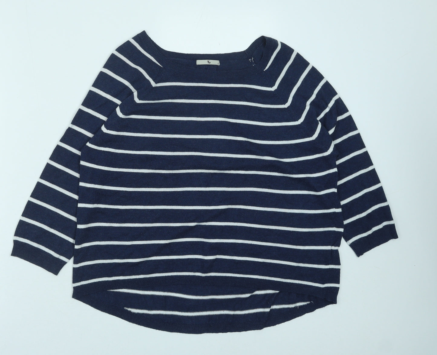 TU Womens Blue Striped Polyester Basic Blouse Size 12 Boat Neck