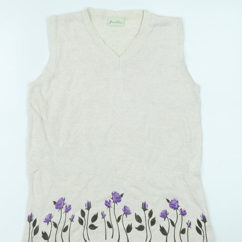 Joie De Vivre Womens White V-Neck Floral Cotton Vest Jumper Size M