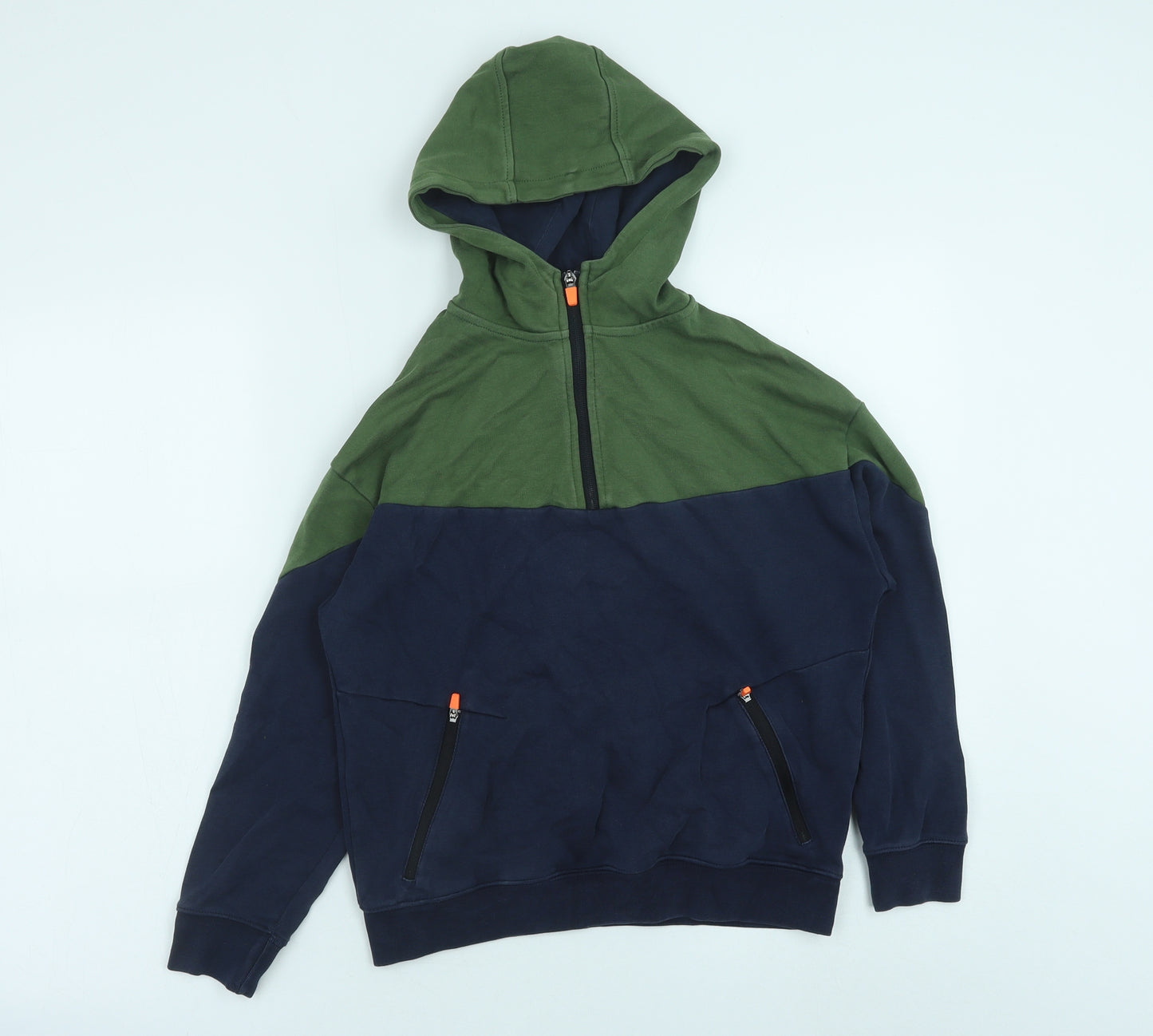 Marks and Spencer Boys Green Colourblock Cotton Pullover Hoodie Size 10-11 Years Pullover