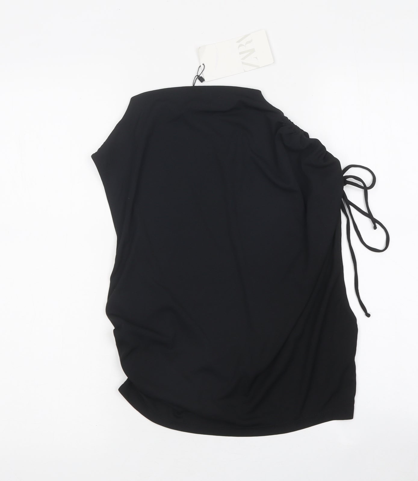 Zara Womens Black Polyester Basic Blouse Size S Mock Neck - Ruched Detail