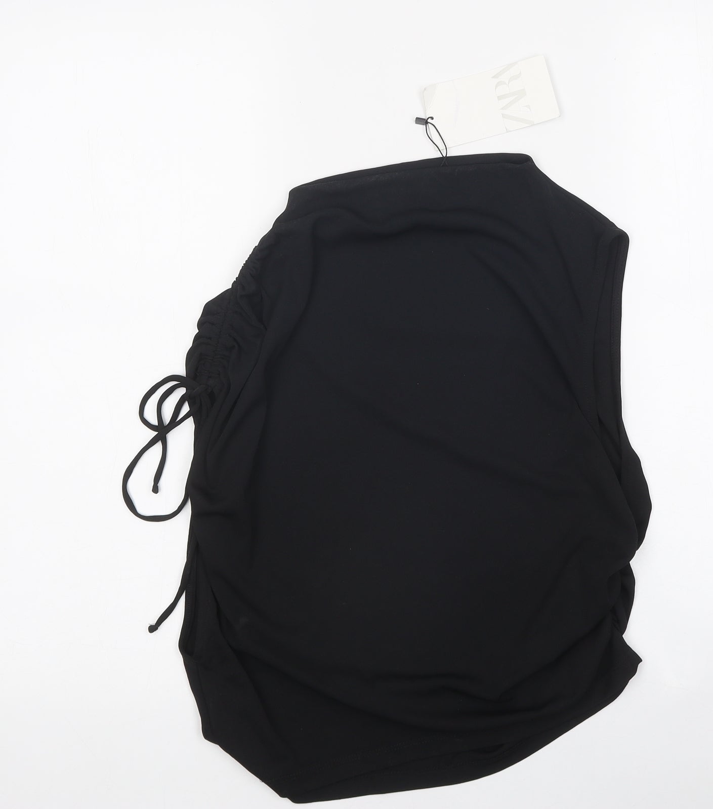 Zara Womens Black Polyester Basic Blouse Size S Mock Neck - Ruched Detail