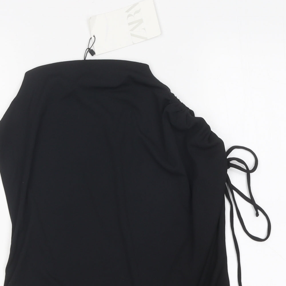 Zara Womens Black Polyester Basic Blouse Size S Mock Neck - Ruched Detail