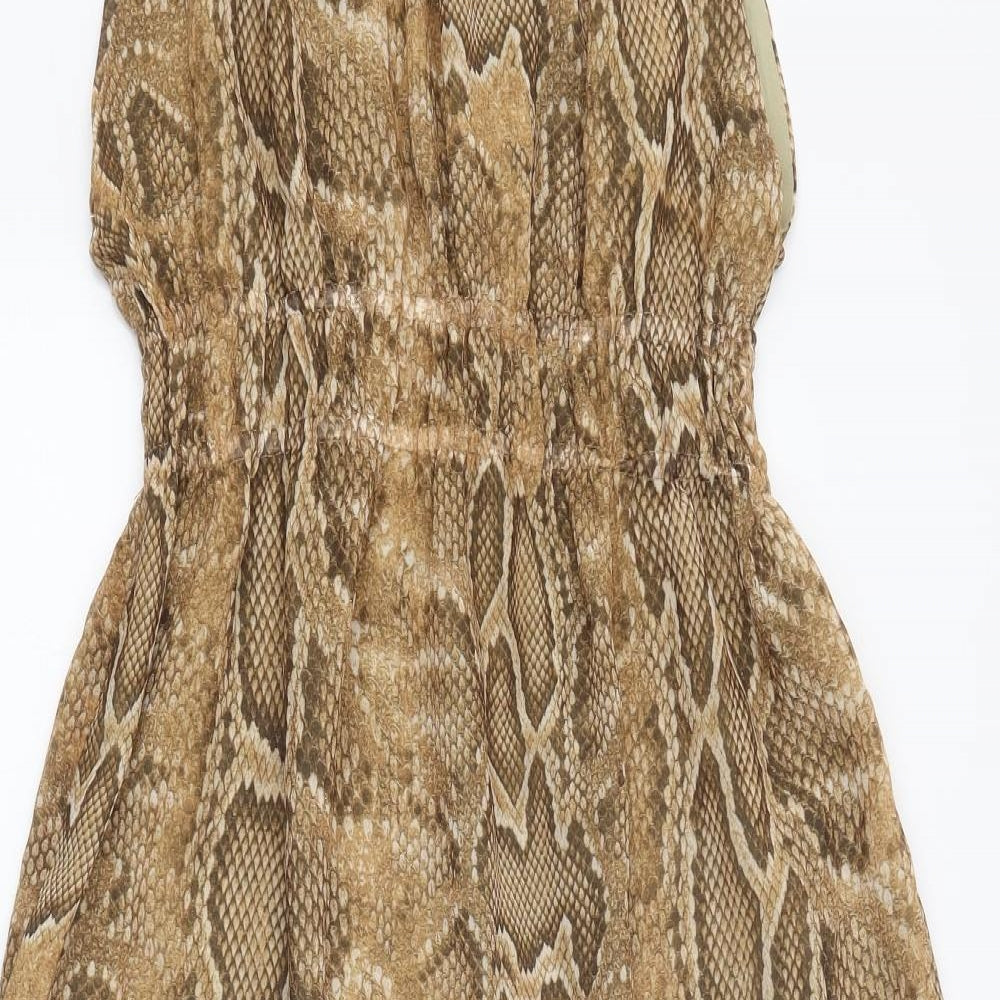 Zara Womens Beige Animal Print Polyester A-Line Size M Round Neck Tie