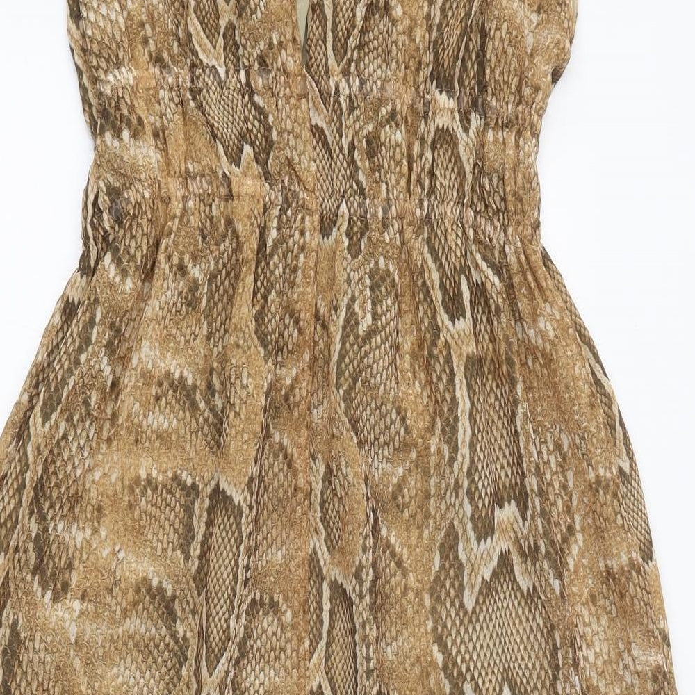 Zara Womens Beige Animal Print Polyester A-Line Size M Round Neck Tie