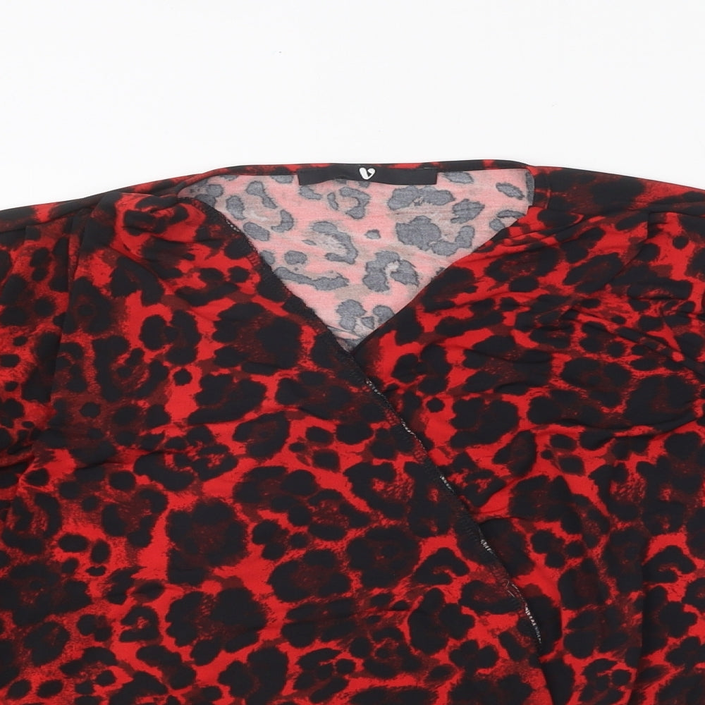 Very Womens Red Animal Print Polyester Wrap Blouse Size 10 V-Neck - Leopard Print
