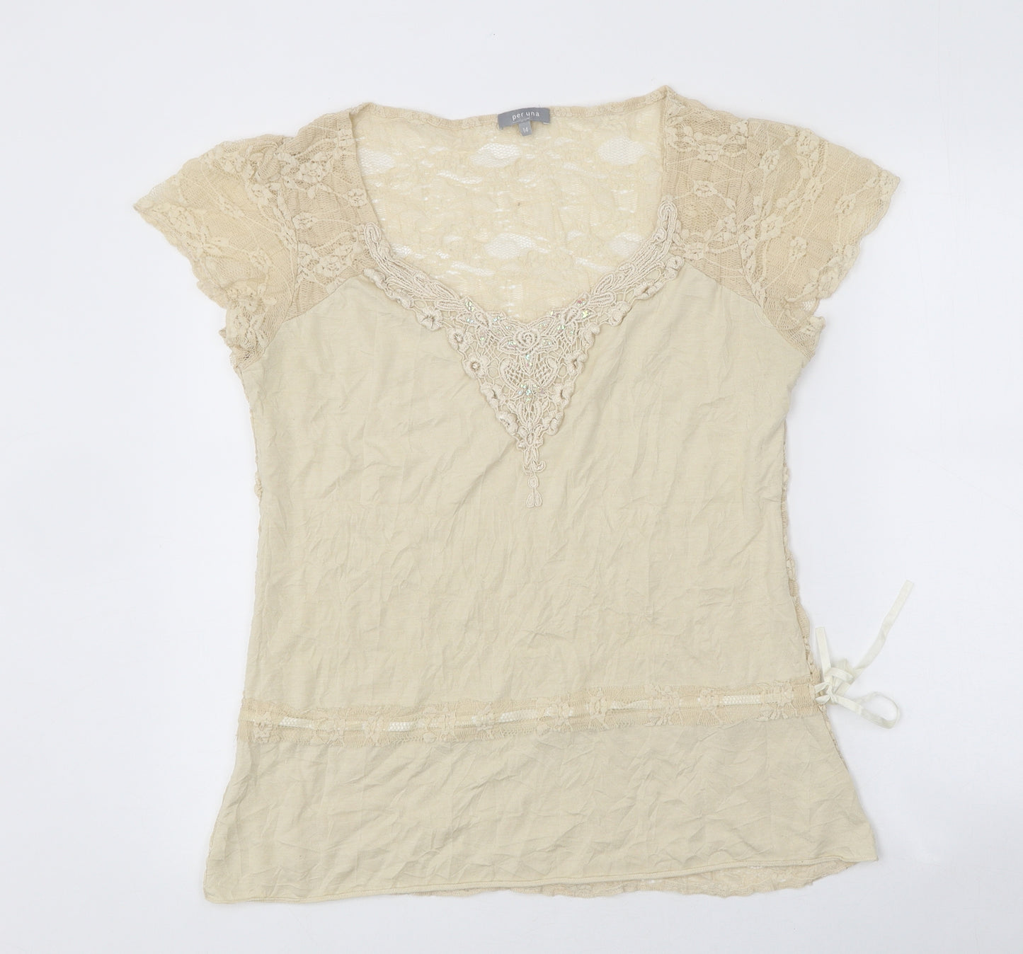 Per Una Womens Beige Polyester Basic T-Shirt Size 14 Scoop Neck - Lace Details
