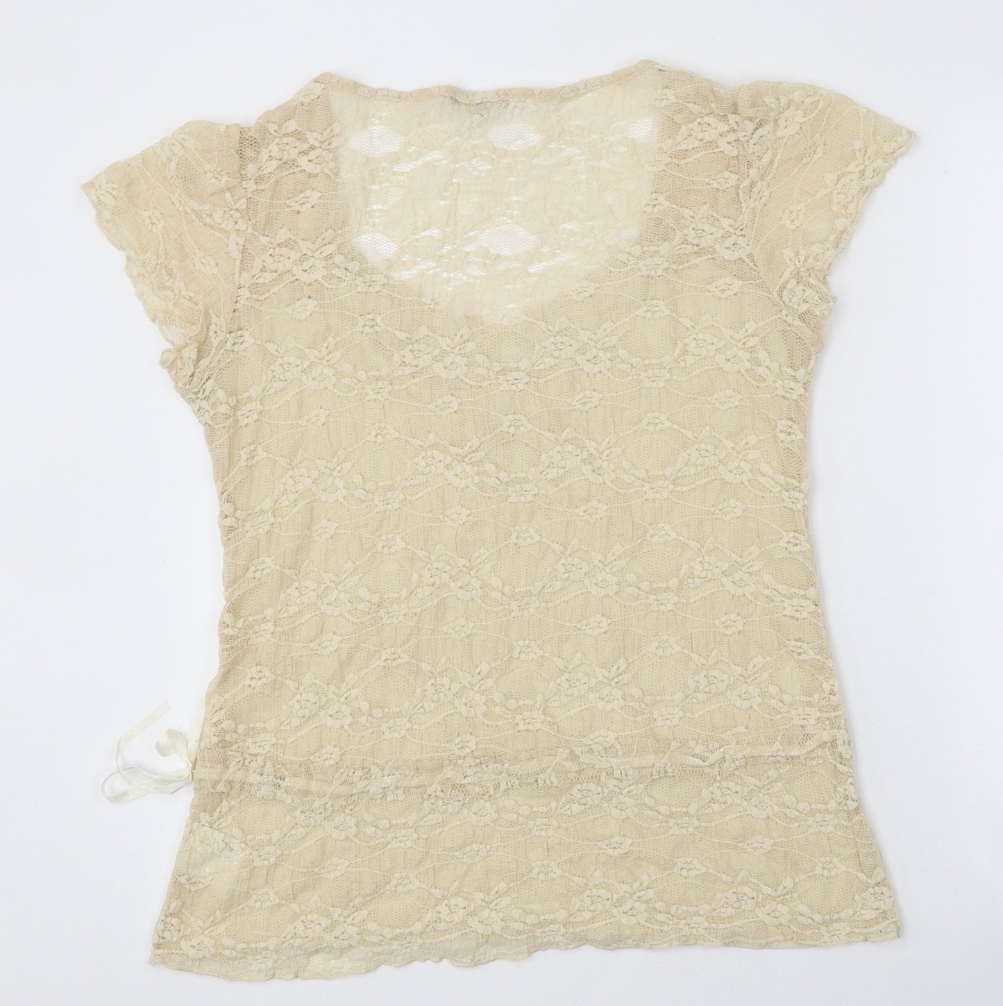 Per Una Womens Beige Polyester Basic T-Shirt Size 14 Scoop Neck - Lace Details