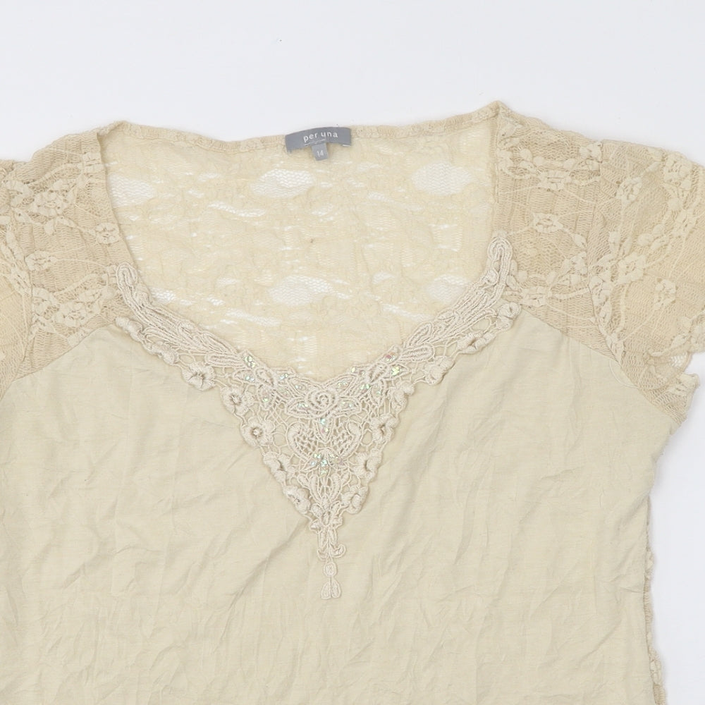 Per Una Womens Beige Polyester Basic T-Shirt Size 14 Scoop Neck - Lace Details