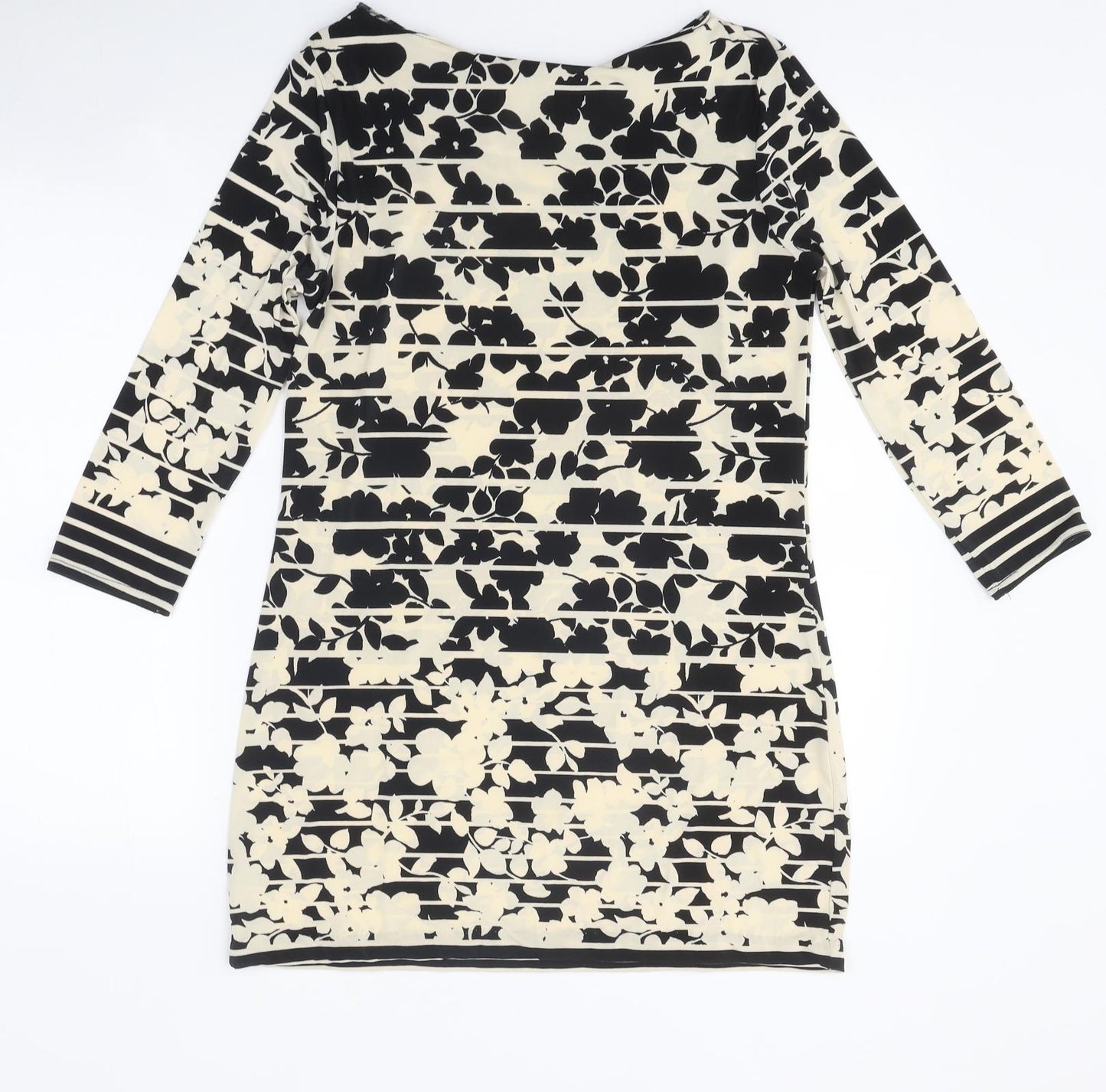 Primark Womens Ivory Floral Polyester Basic T-Shirt Size 12 Boat Neck