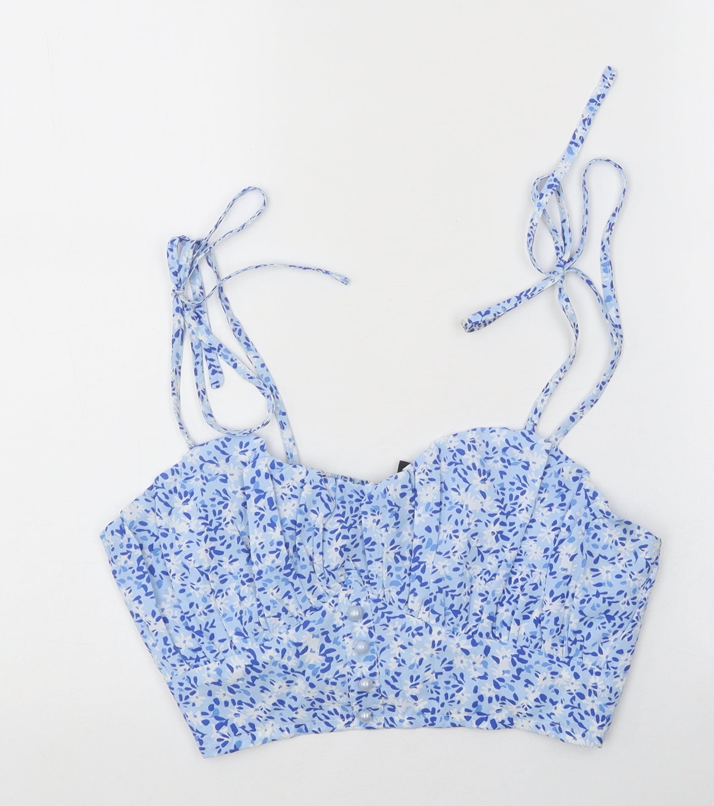 SheIn Womens Blue Floral Viscose Cropped Blouse Size M Sweetheart - Shirred Back Bralette