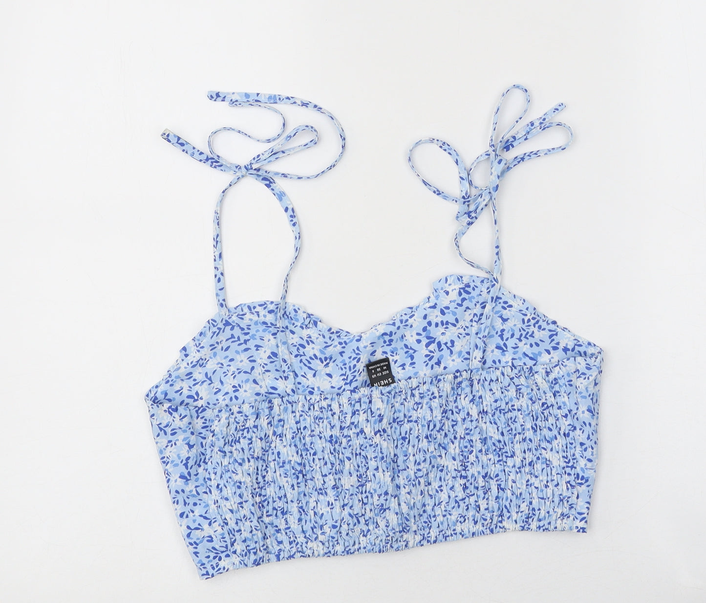 SheIn Womens Blue Floral Viscose Cropped Blouse Size M Sweetheart - Shirred Back Bralette