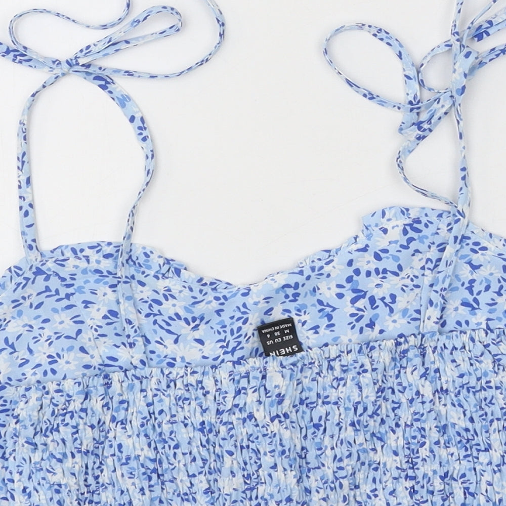 SheIn Womens Blue Floral Viscose Cropped Blouse Size M Sweetheart - Shirred Back Bralette