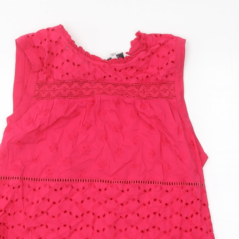 NEXT Womens Pink Cotton Basic Tank Size 10 Round Neck - Broderie Anglaise
