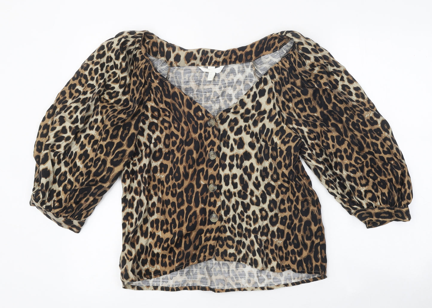 H&M Womens Brown Animal Print Polyester Basic Blouse Size 10 Boat Neck - Leopard Print