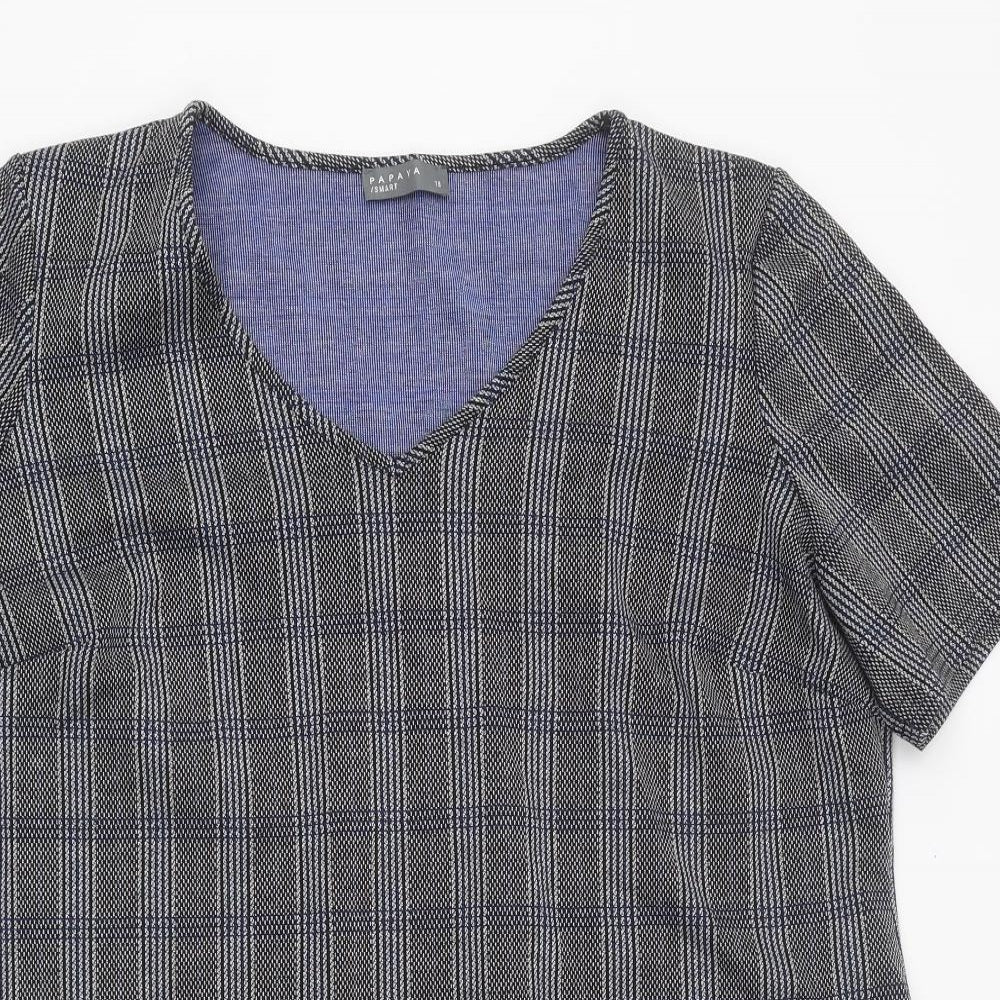 Papaya Womens Grey Plaid Polyester Tunic Blouse Size 18 V-Neck