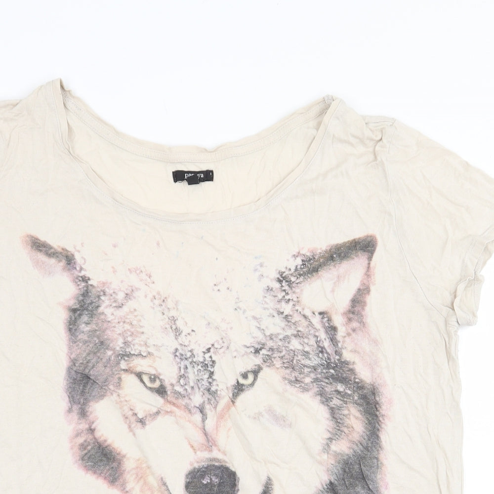 Papaya Womens Beige Viscose Basic T-Shirt Size 16 Round Neck - Wolf