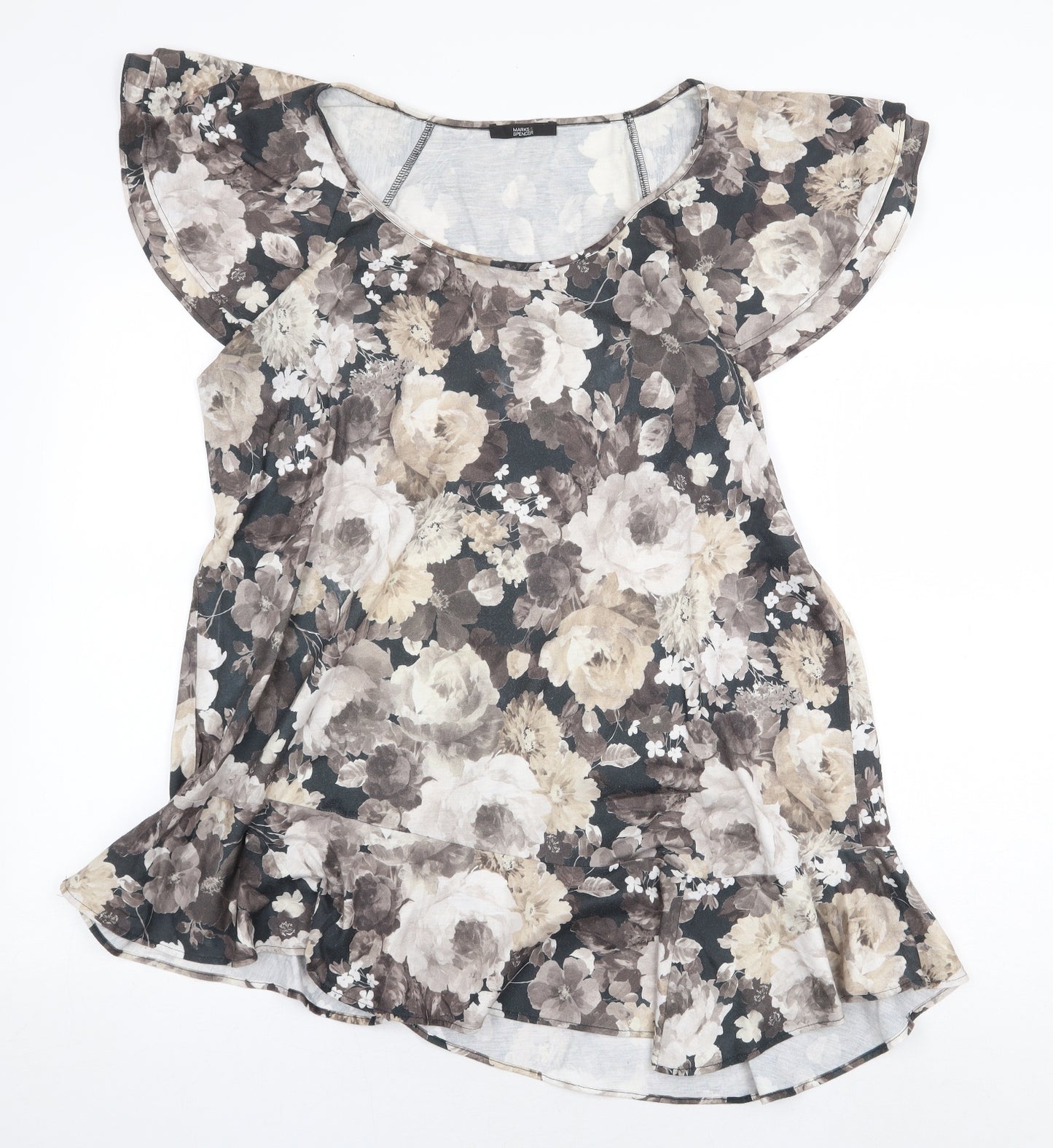 Marks and Spencer Womens Beige Floral Polyester Basic Blouse Size 18 Boat Neck