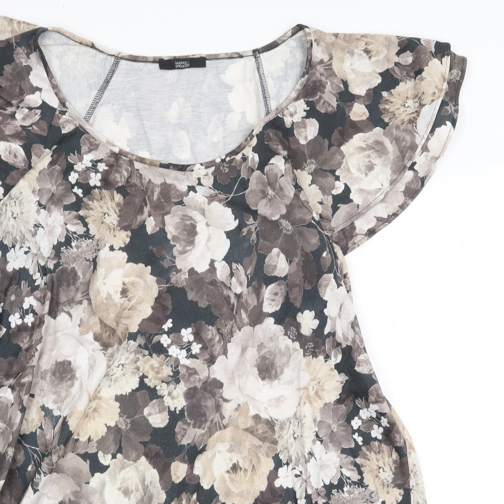 Marks and Spencer Womens Beige Floral Polyester Basic Blouse Size 18 Boat Neck