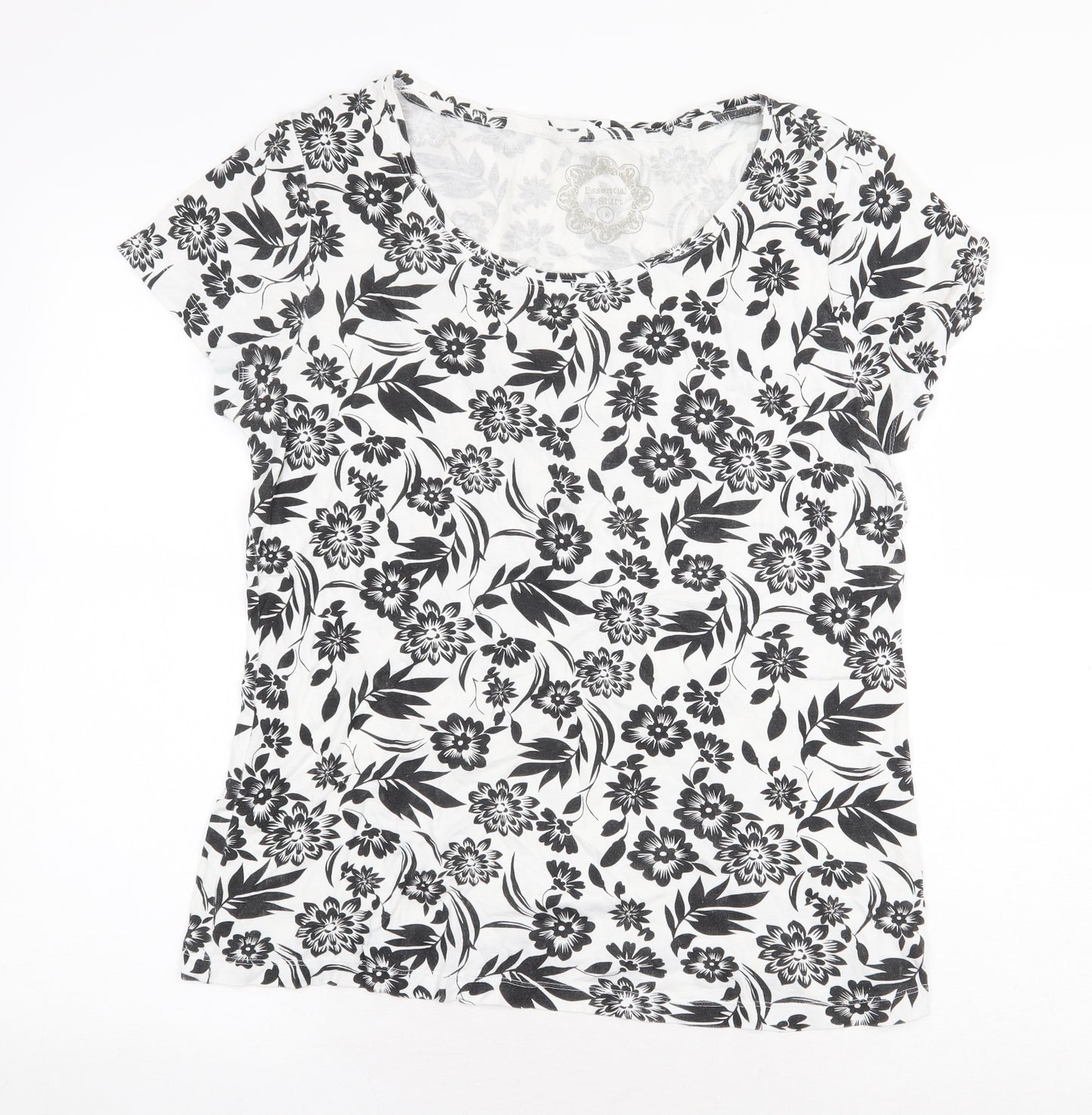 Essential Womens White Floral Cotton Basic T-Shirt Size 18 Boat Neck