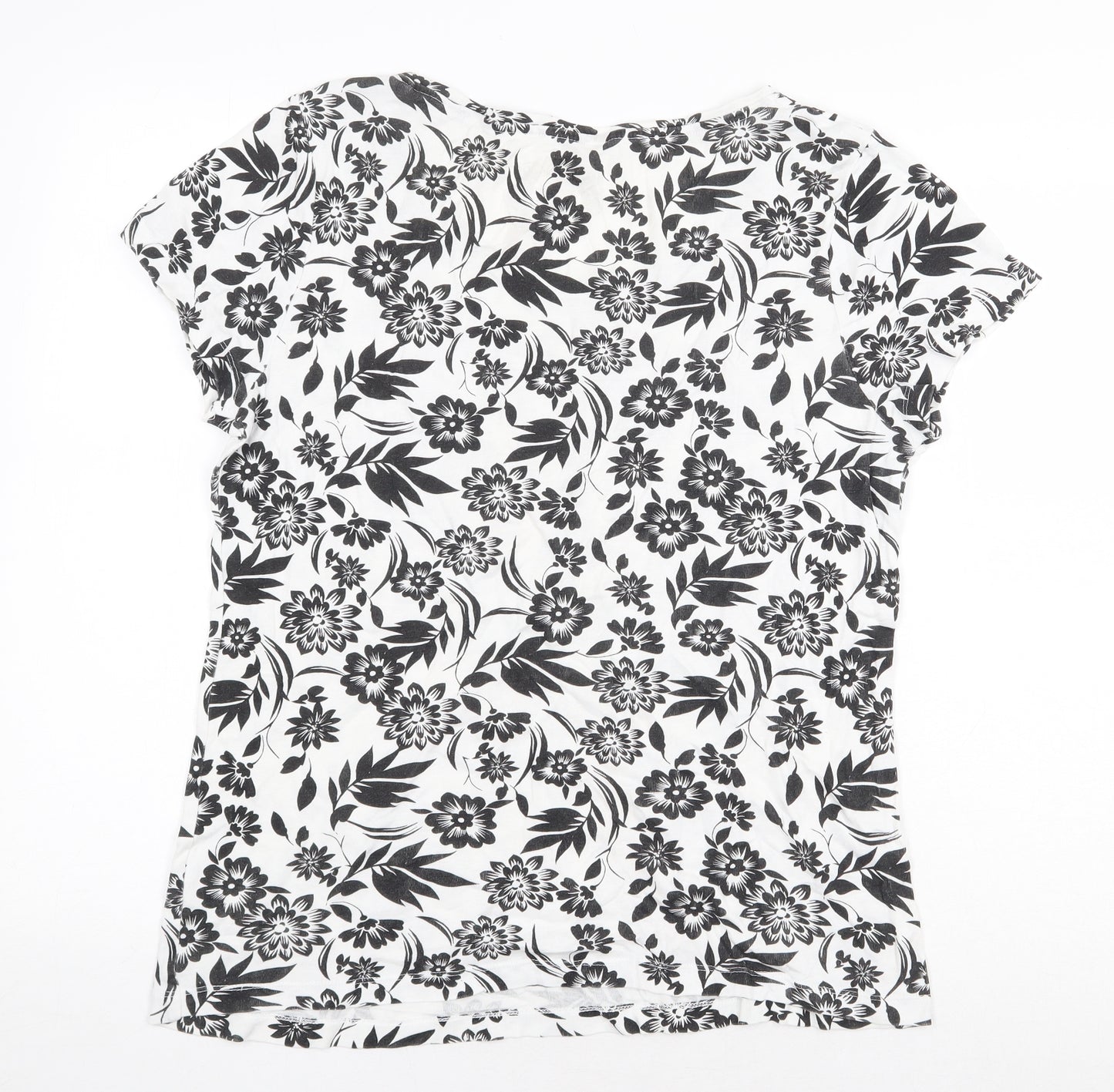 Essential Womens White Floral Cotton Basic T-Shirt Size 18 Boat Neck