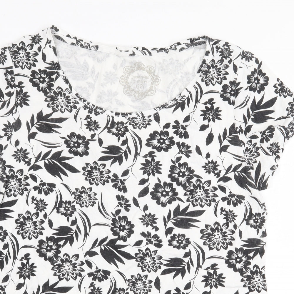 Essential Womens White Floral Cotton Basic T-Shirt Size 18 Boat Neck