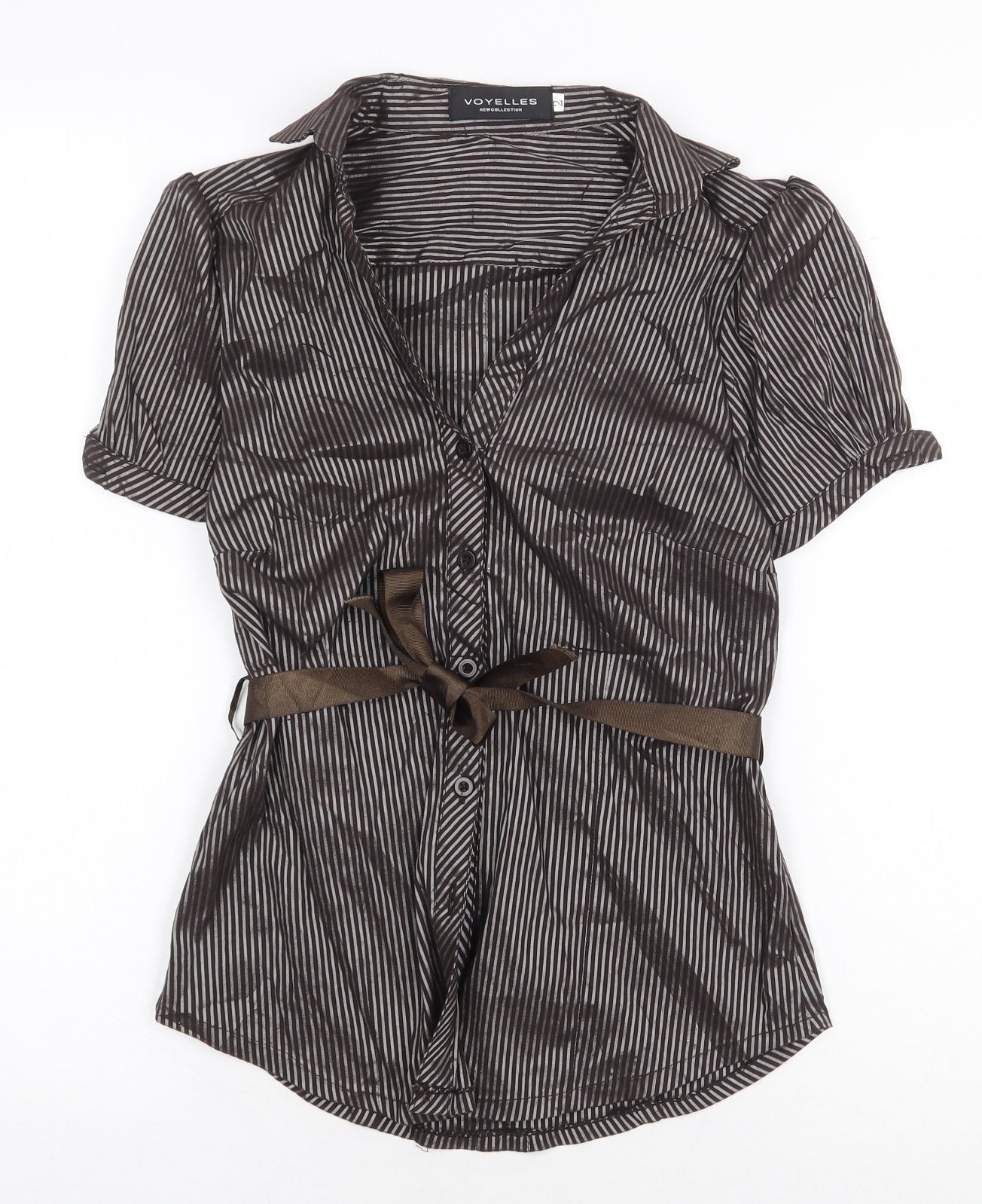 Voyelles Womens Brown Striped Polyester Basic Button-Up Size 4XL Collared